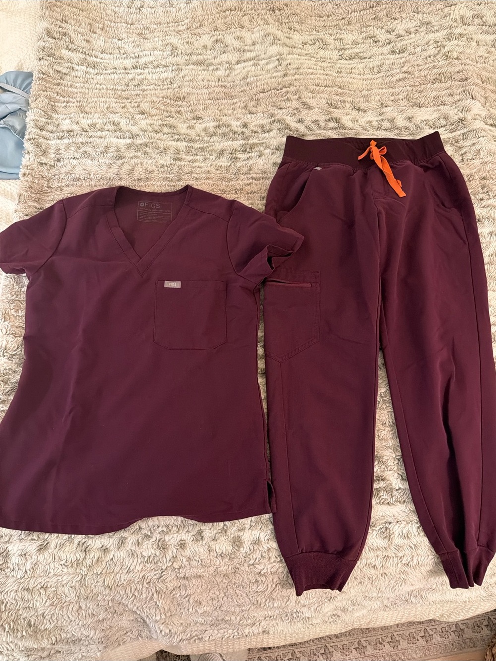Figs Women’s purple maroon Scrub Top and Jogger Set with Orange Drawstring